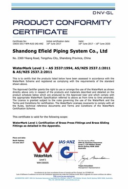 EFIELD WaterMark Certificate for brass fittings